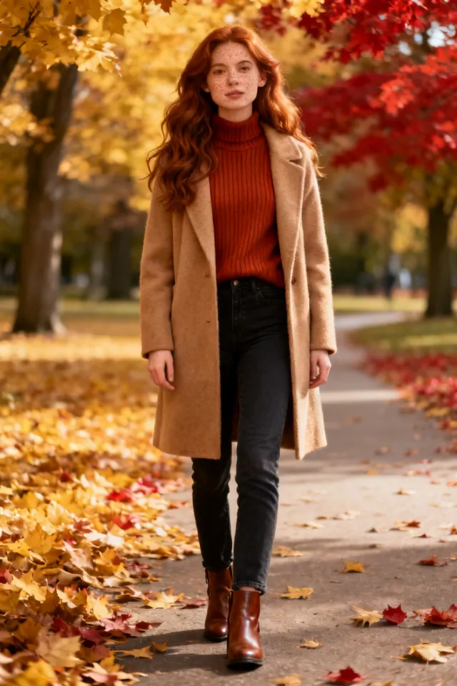 AI-generated example input: fictional adult woman in a camel coat and rust sweater on an autumn park path