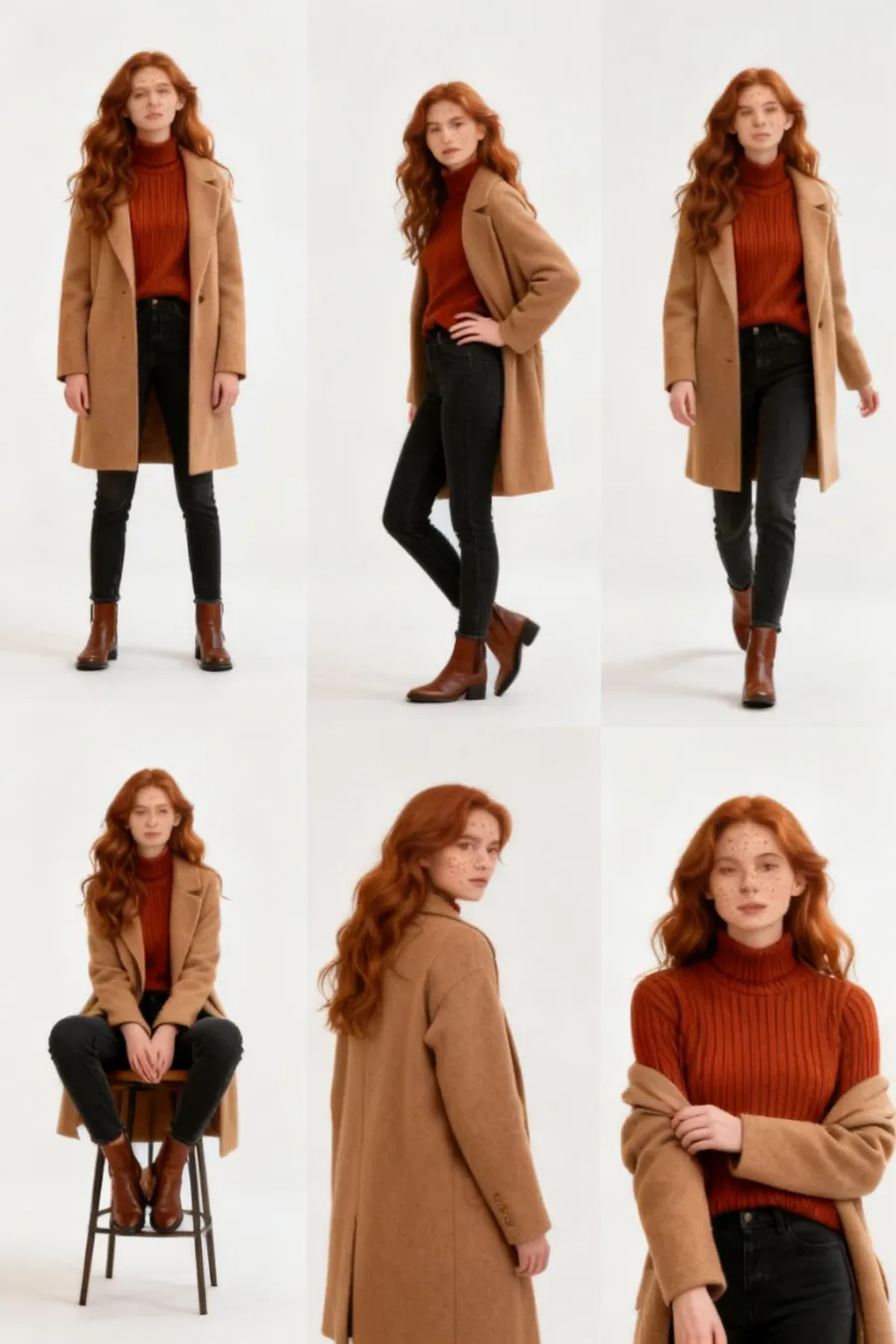 AI-generated 6-pose minimal style lookbook of the same fictional woman in an autumn outfit