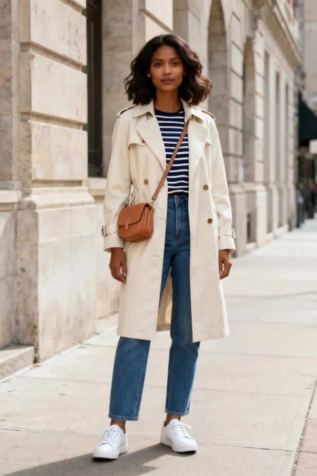 AI-generated example input: fictional adult woman in a cream trench coat on a city sidewalk
