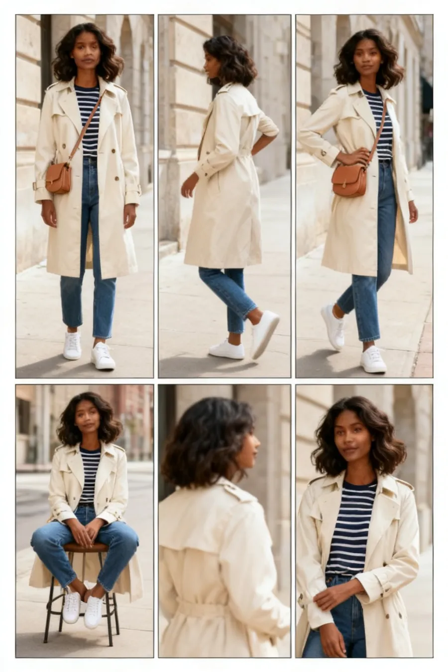AI-generated 6-pose street style lookbook of the same fictional woman