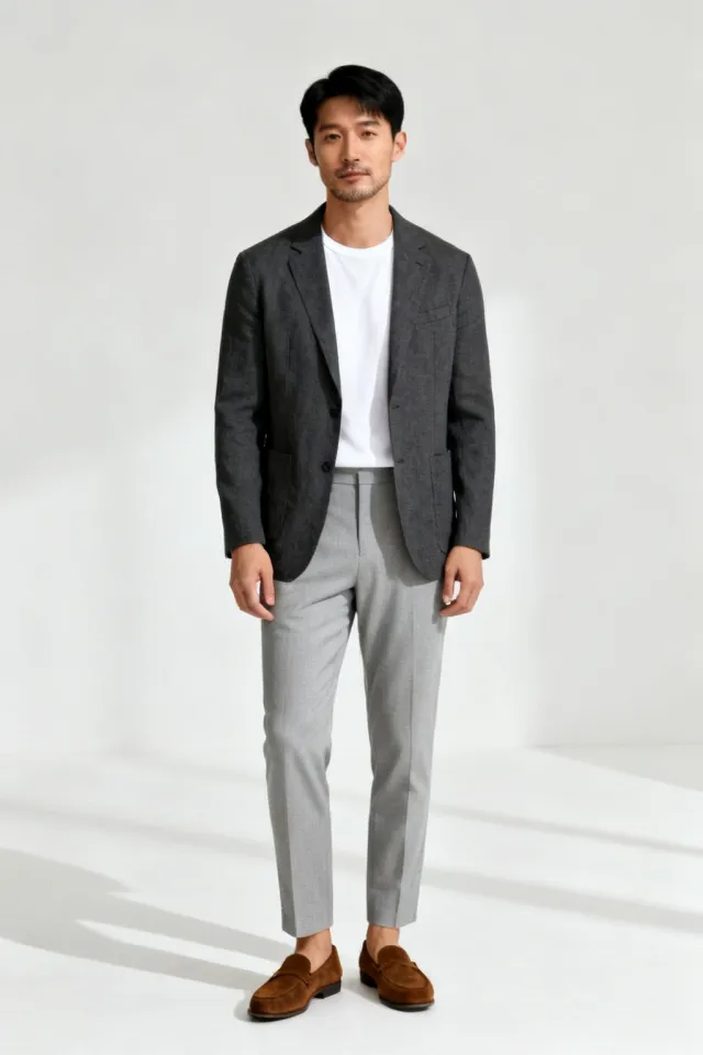 AI-generated example input: fictional adult man in a charcoal blazer and gray trousers in a bright studio