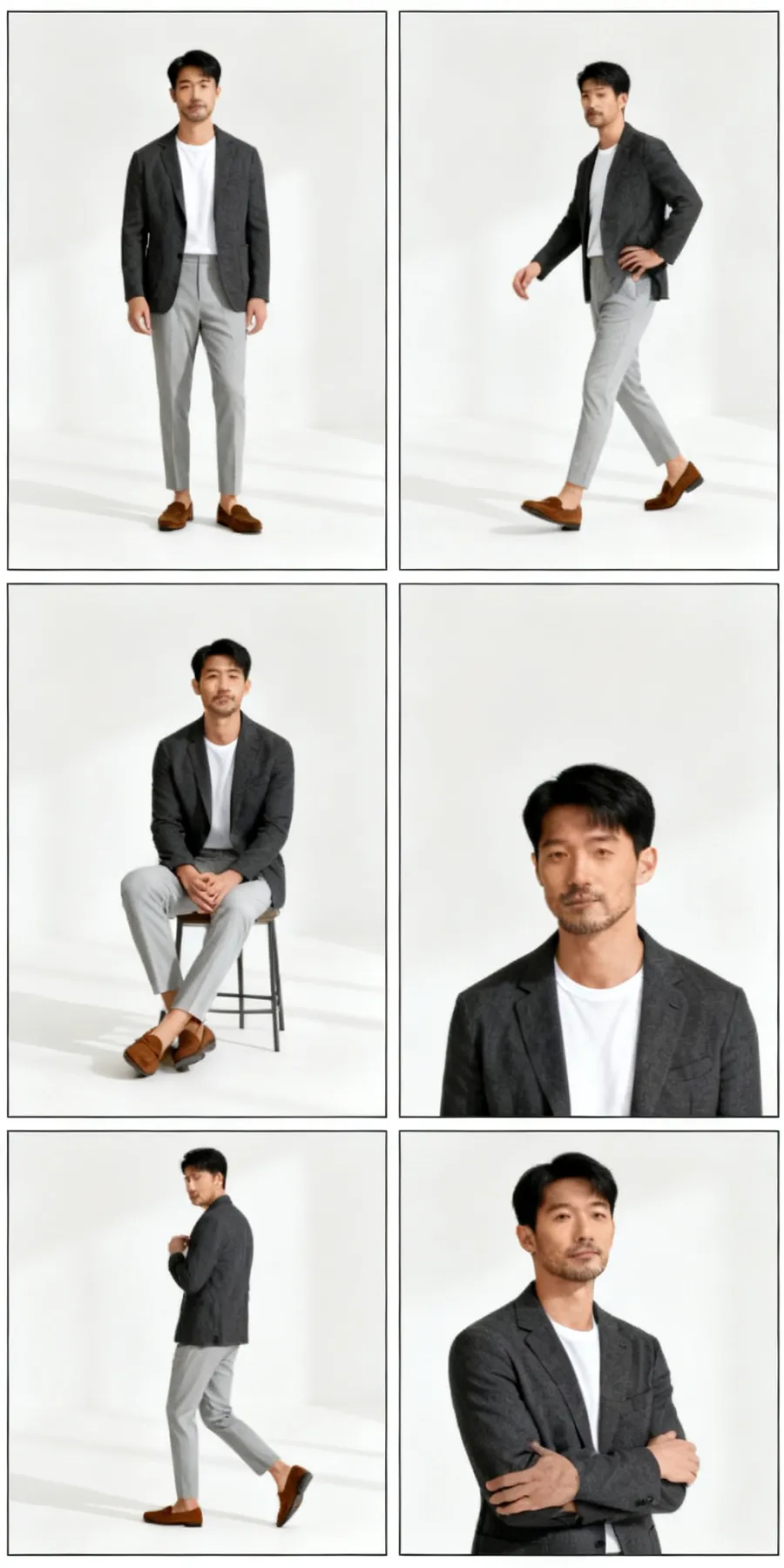 AI-generated 6-pose clean studio lookbook of the same fictional man